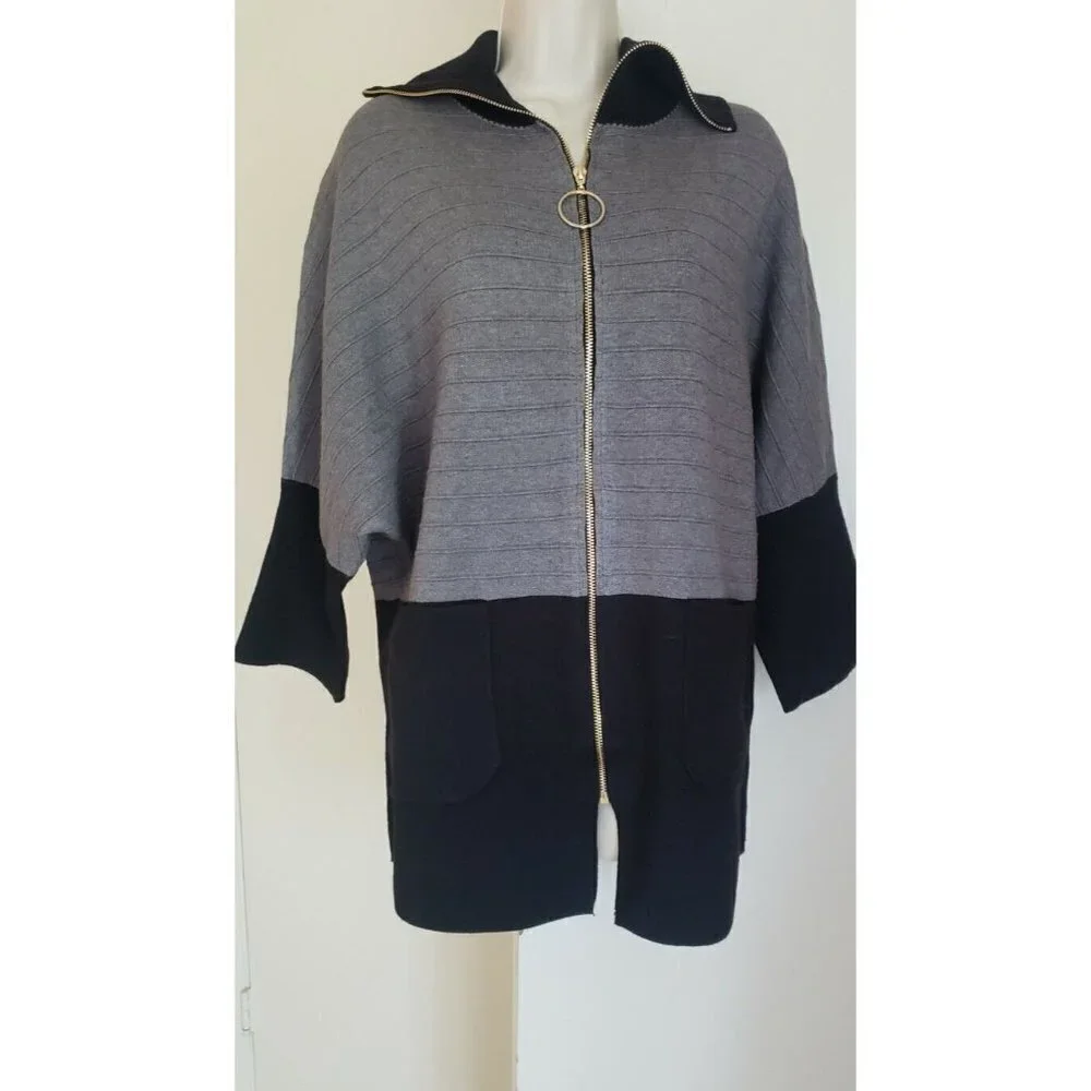 NWT ROMIMONA WOMEN'S BLACK GREY ZIPPER CLOSURE SWEATER TOP CARDIGAN SMALL - Picture 1 of 10